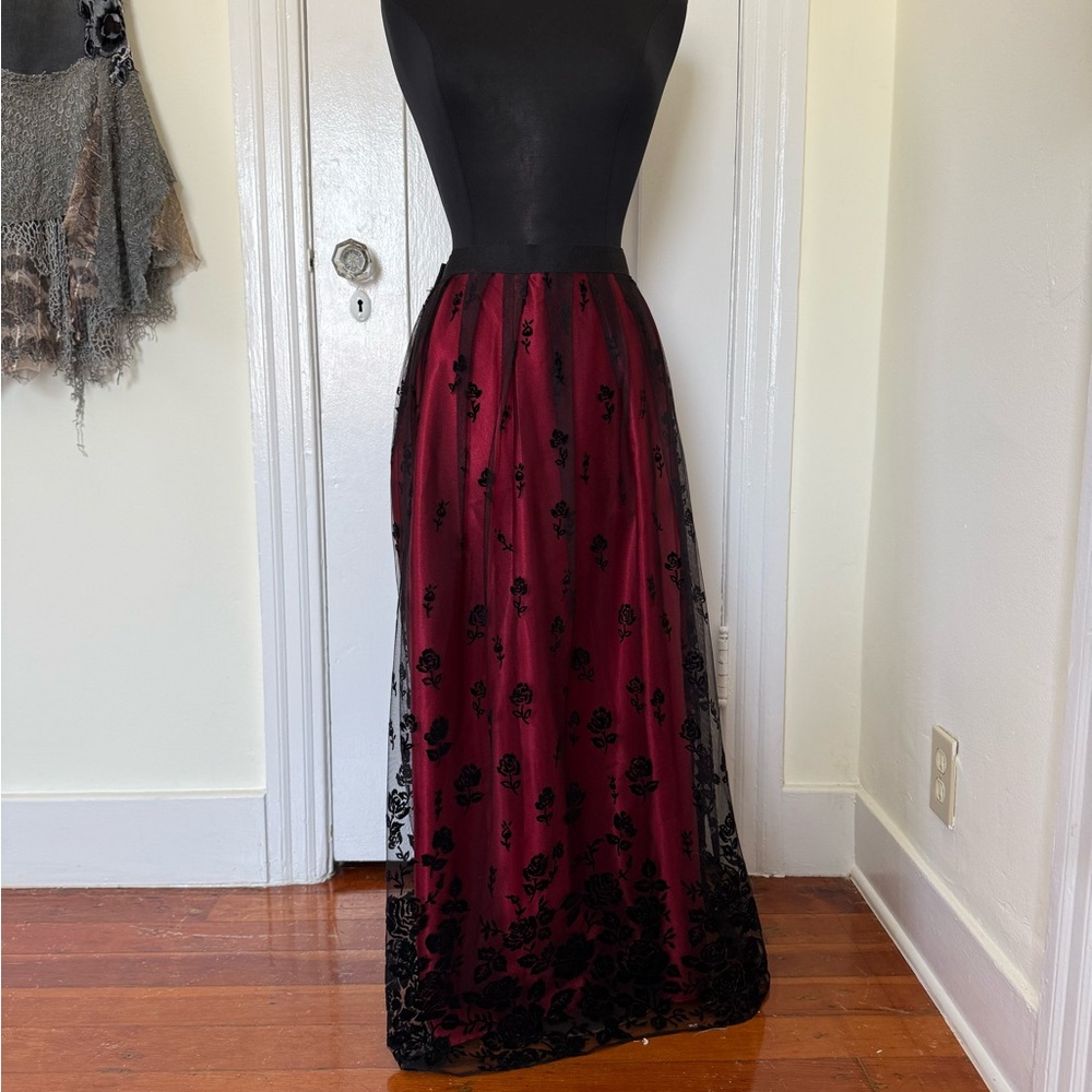 Red Embellished Maxi A-Line Skirt for Cocktail
